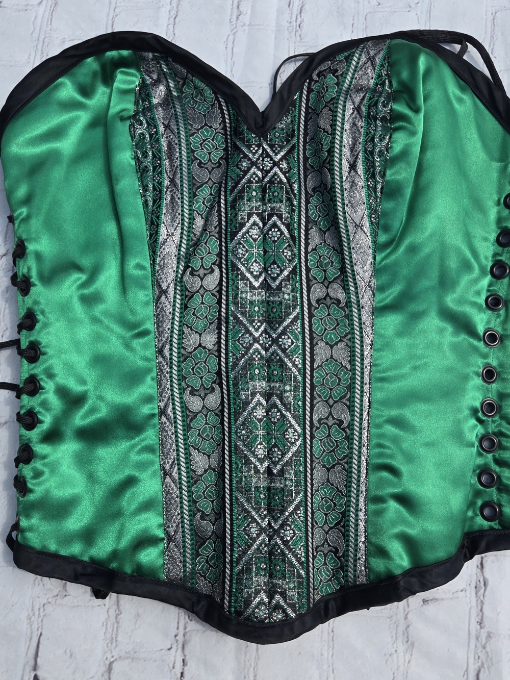 Green Black Lace Satin Corset One Size Bustier Fairy Fantasy Festival Renaissanc